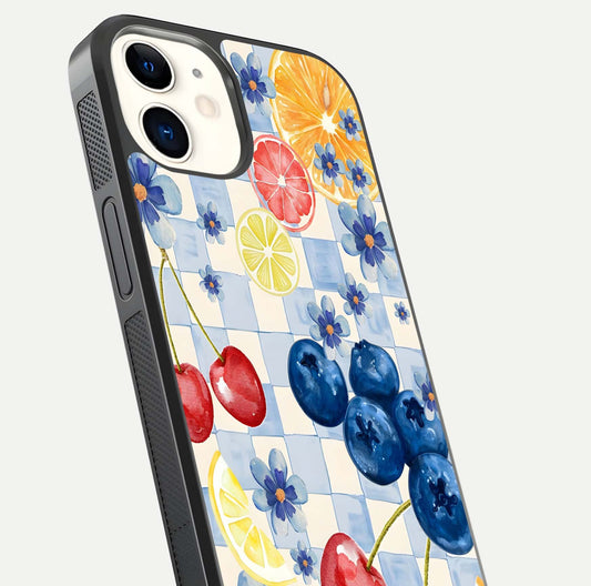 Citrus Bloom Joy Glass Case for iphone-12 close-up highlighting orange blossoms and reflection detail