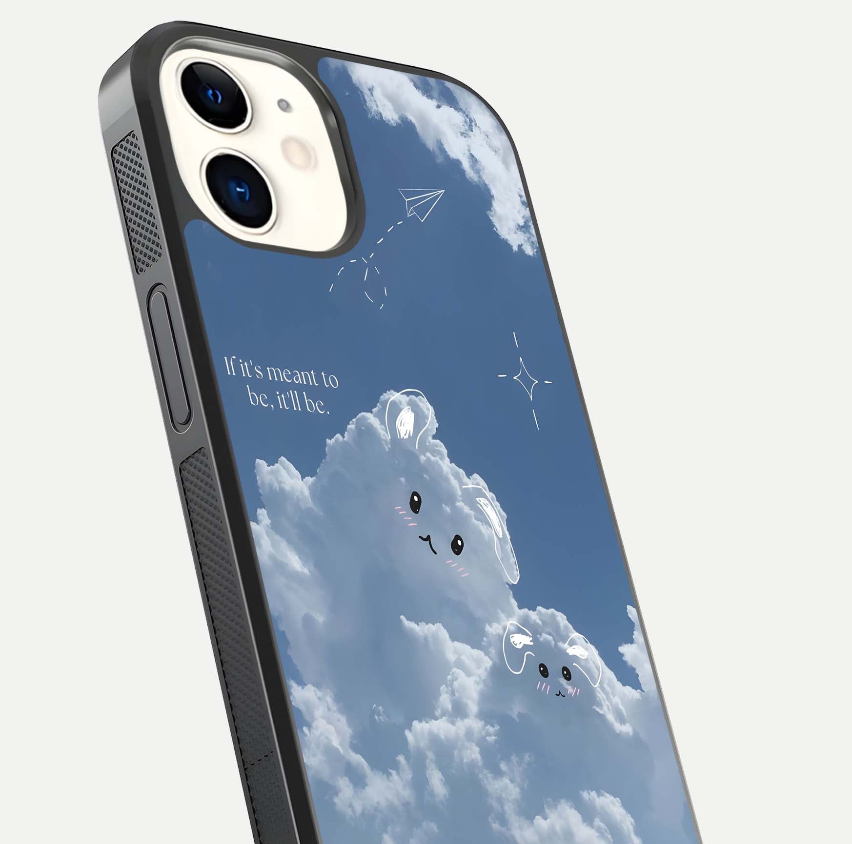 Cloud Bunny Dreams Glass Case for iphone-12 close-up showing bunny art, dreamy clouds, and HD shine