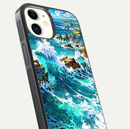 Coastal Blue Waves Glass Case for iphone-12 close-up highlighting wave texture and blue shine