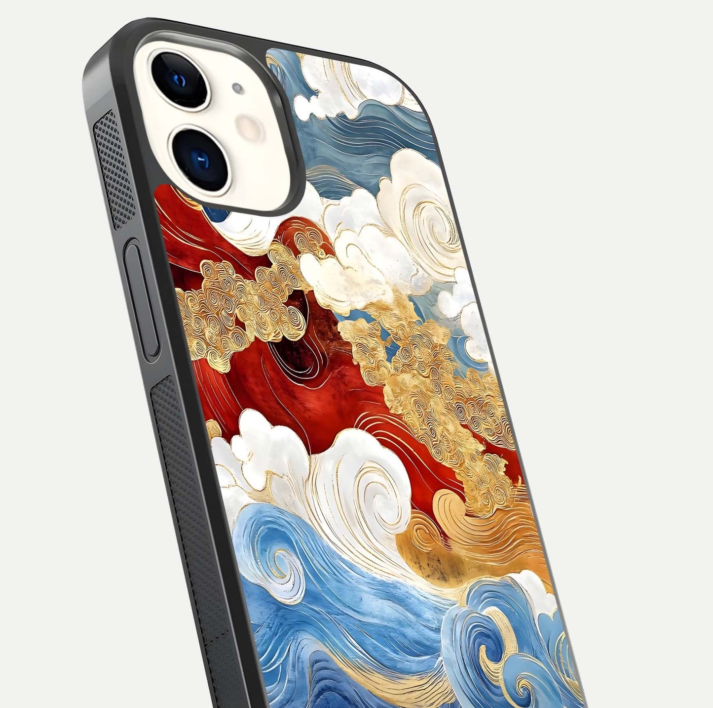 Colored Waves Glass Case for iphone-12 close-up angled shot highlighting gradient flow and light reflection