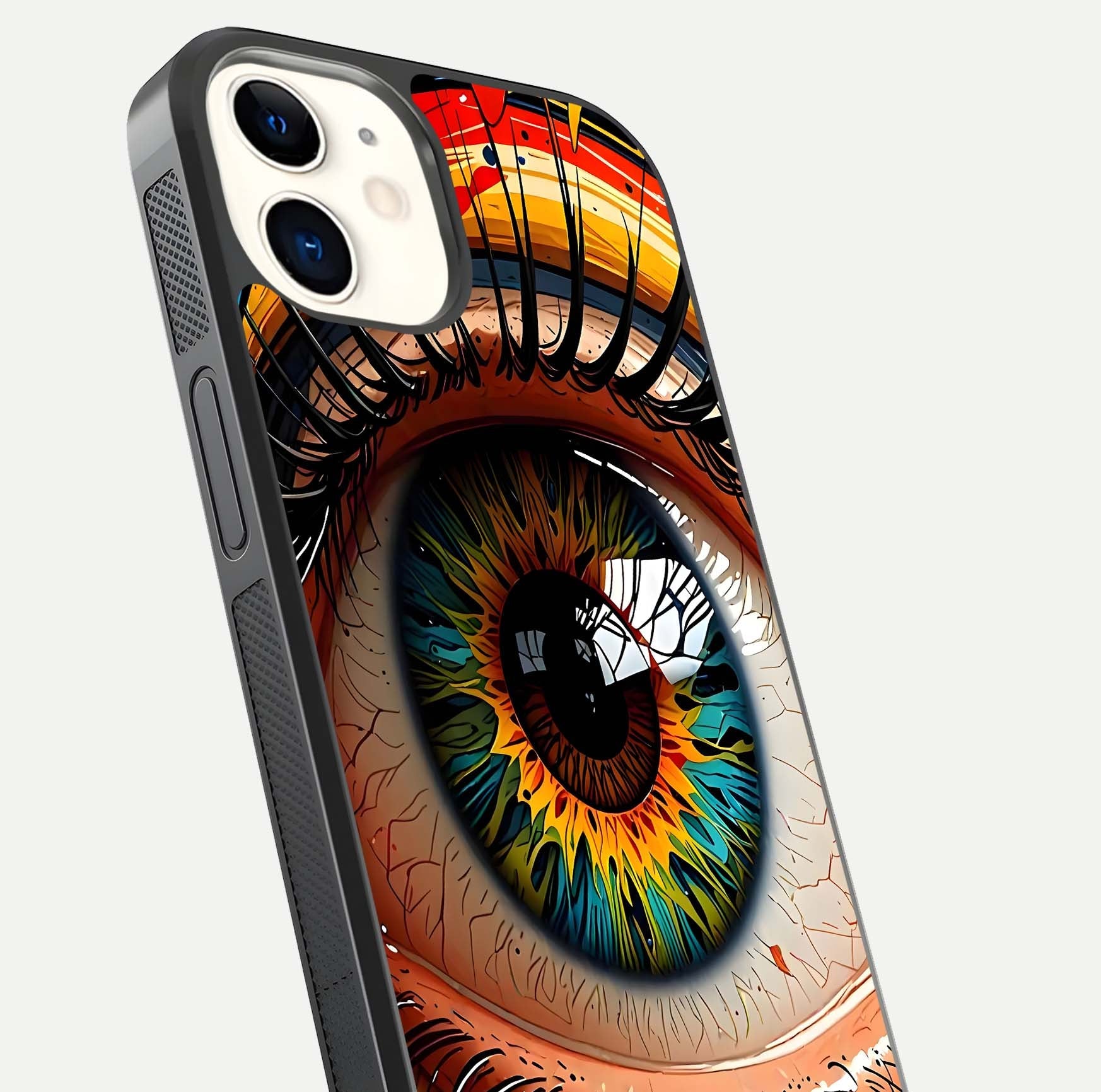 Colorful Eye Glass Case for iphone-12 close-up highlighting eye pattern detail and reflection shine
