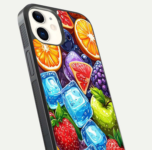 Colorful Fruits with Ice Glass Case for iphone-12 close-up highlighting fruit color and reflection glow