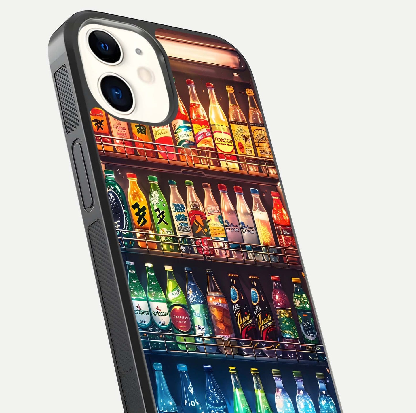 Colorful Soda Bottles Glass Case for iphone-12 close-up showing colorful bottles and HD reflection