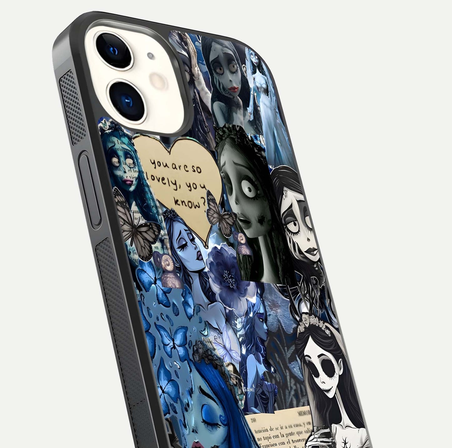 Corpse Bride Posters Glass Case for iphone-12 close-up highlighting detailed artwork and reflection polish