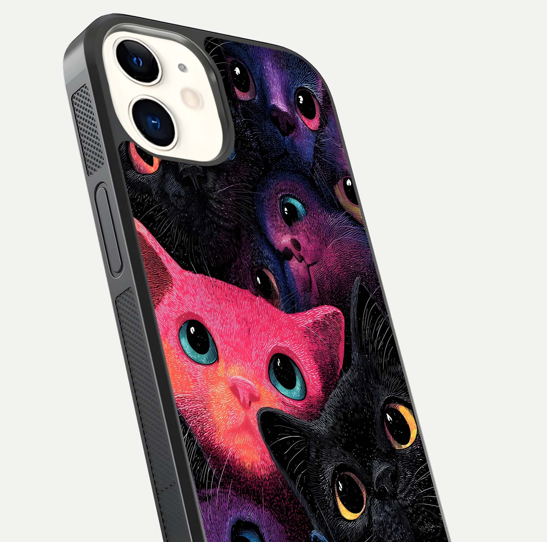 Cosmic Cats Dreams Glass Case for iphone-12 close-up highlighting cats and cosmic glow reflection