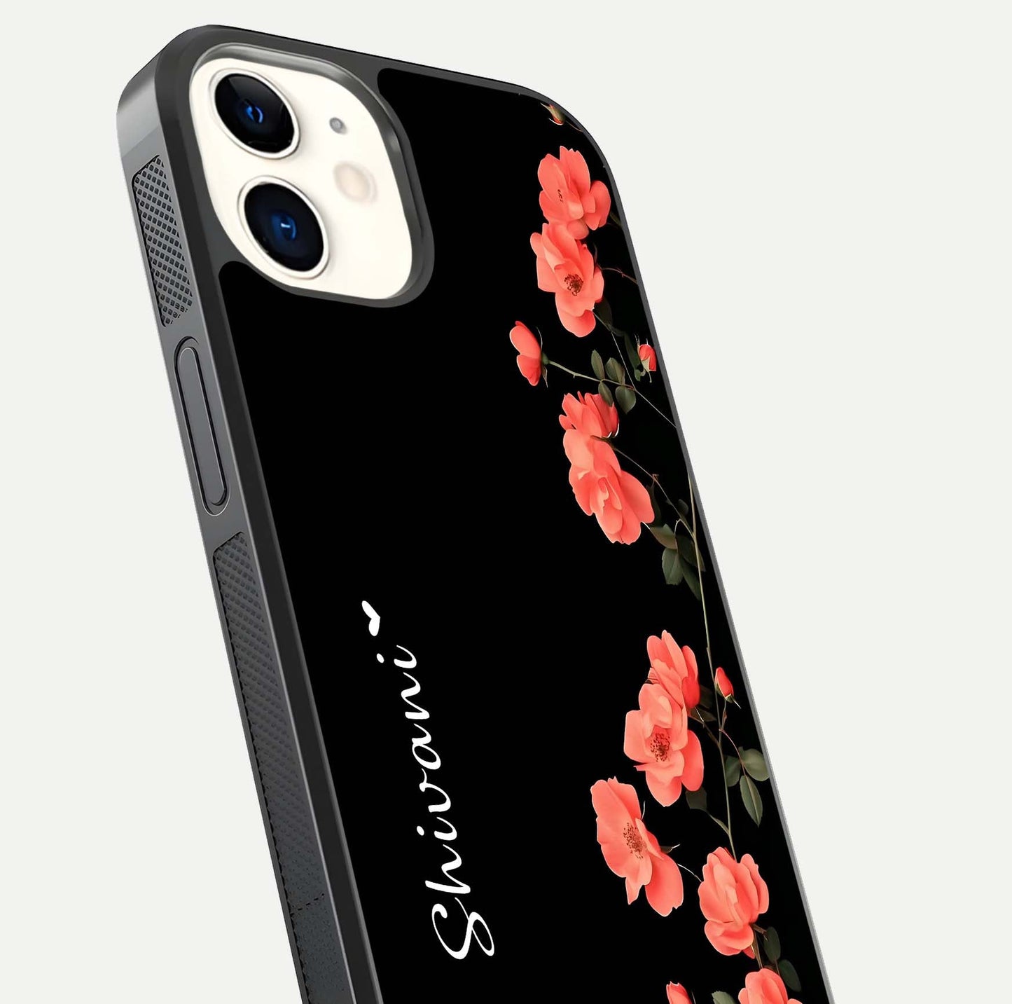 Crimson Bloom Grace Custom Name Glass Case for iphone-12 close-up highlighting flower pattern and reflection texture