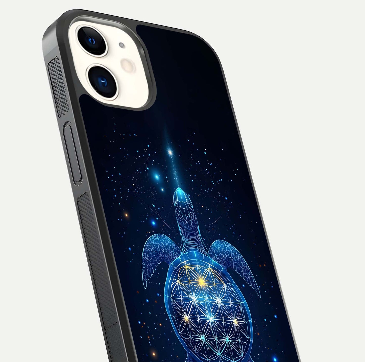 Crimson Blue Turtle Glass Case for iphone-12 close-up highlighting turtle shell detail and shine reflection