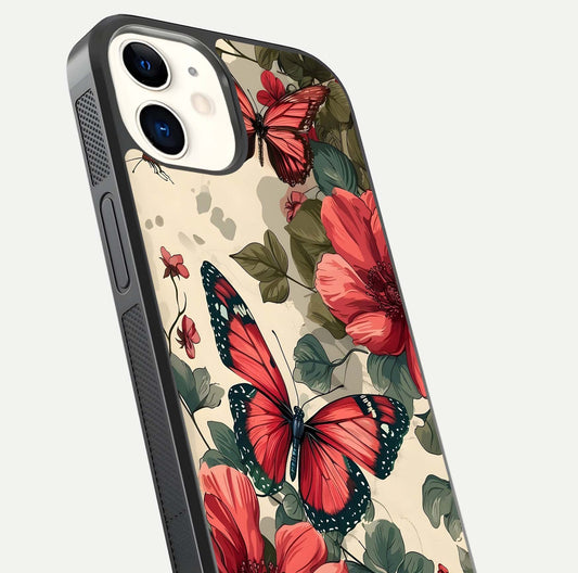 Crimson Butterfly Garden Glass Case for iphone-12 close-up showing wing detail and reflection shine