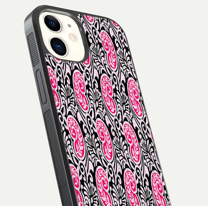Crimson Paisley Charm Glass Case for iphone-12 close-up highlighting fine pattern detail and reflection tone