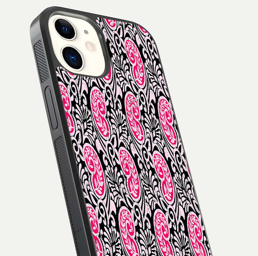 Crimson Paisley Charm Glass Case for iphone-12 close-up highlighting fine pattern detail and reflection tone