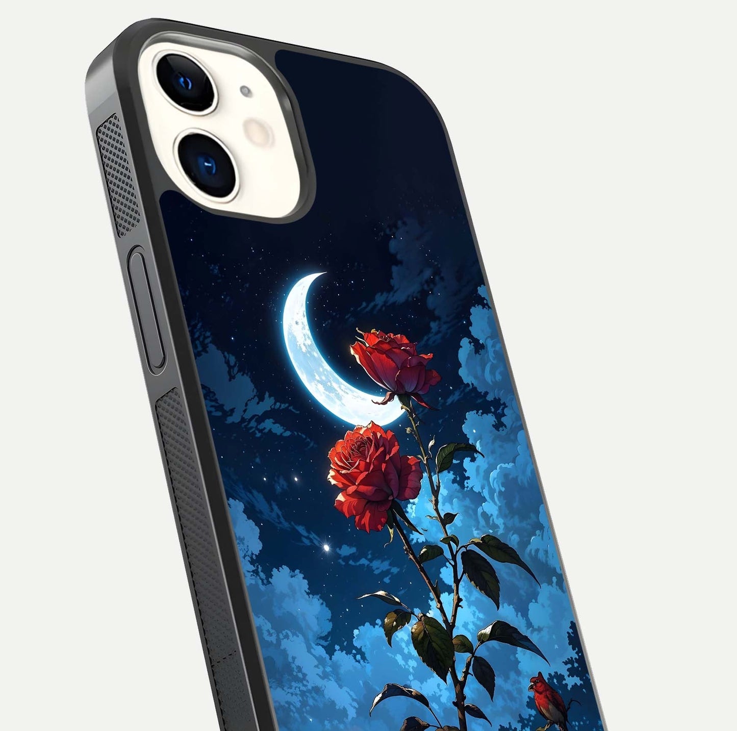 Crimson Rose Moon Glass Case for iphone-12 close-up showing rose detail and reflection highlight
