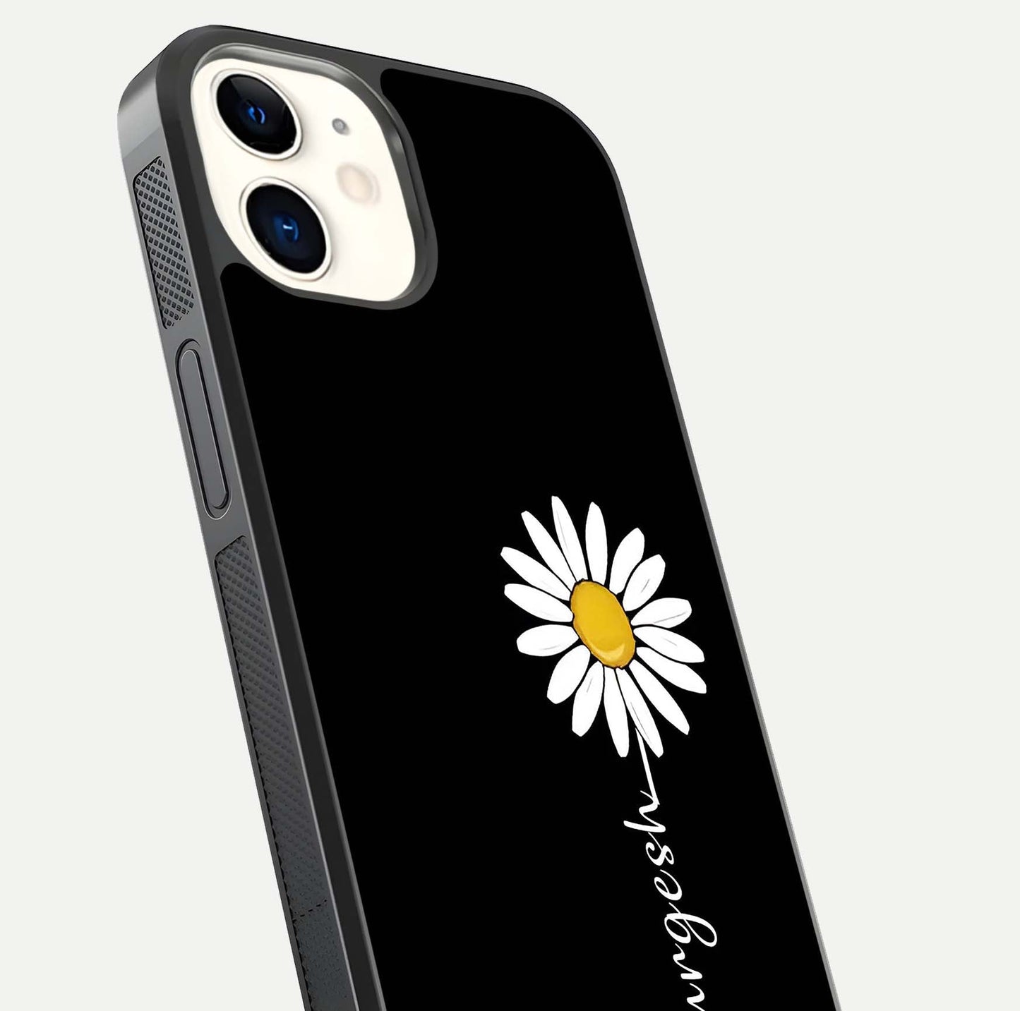 Custom Name White Flower Glass Case for iphone-12 close-up highlighting petals, name print, and reflection polish