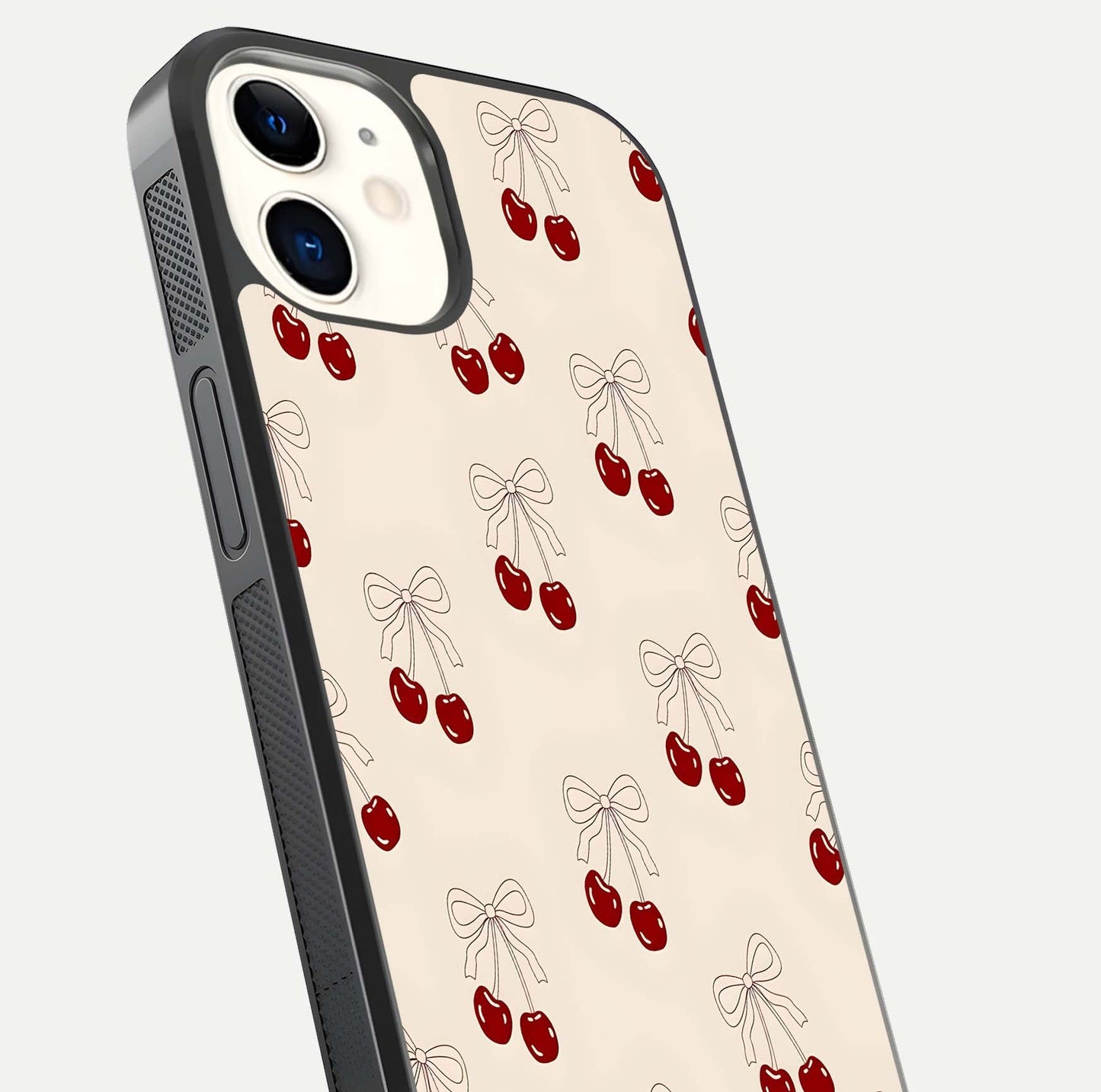 Cute Cherry Pattern Glass Case for iphone-12 close-up showing cherry cluster details and light reflection
