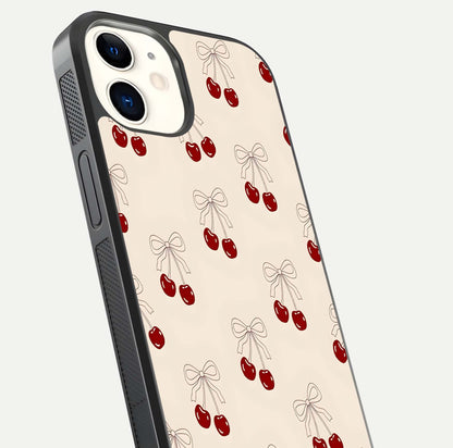 Cute Cherry Pattern Glass Case for iphone-12 close-up showing cherry cluster details and light reflection