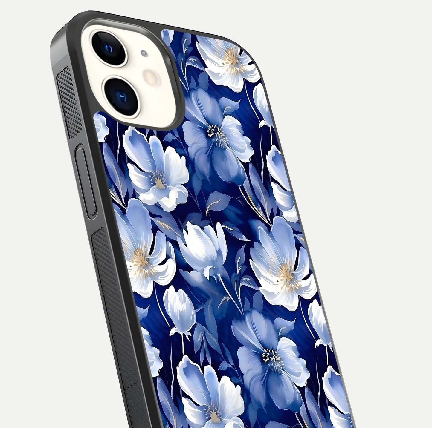 Cute Floral Patterns Glass Case for iphone-12 close-up highlighting flowers and gloss reflection