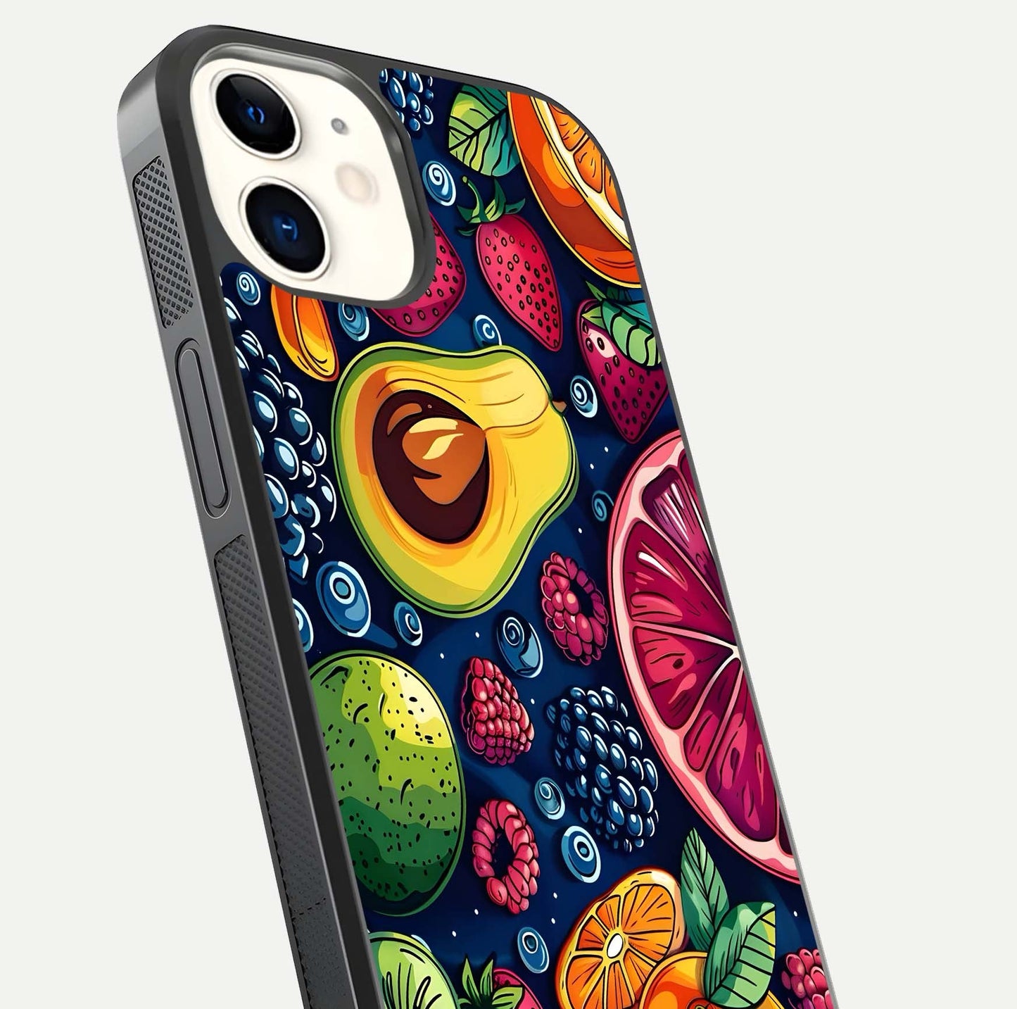 Cute Fruits Art Glass Case for iphone-12 close-up highlighting fruit shapes, color tones, and reflection polish