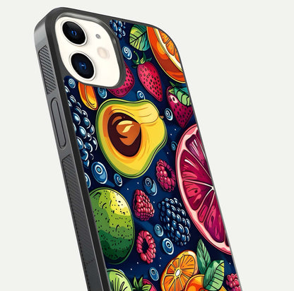Cute Fruits Art Glass Case for iphone-12 close-up highlighting fruit shapes, color tones, and reflection polish