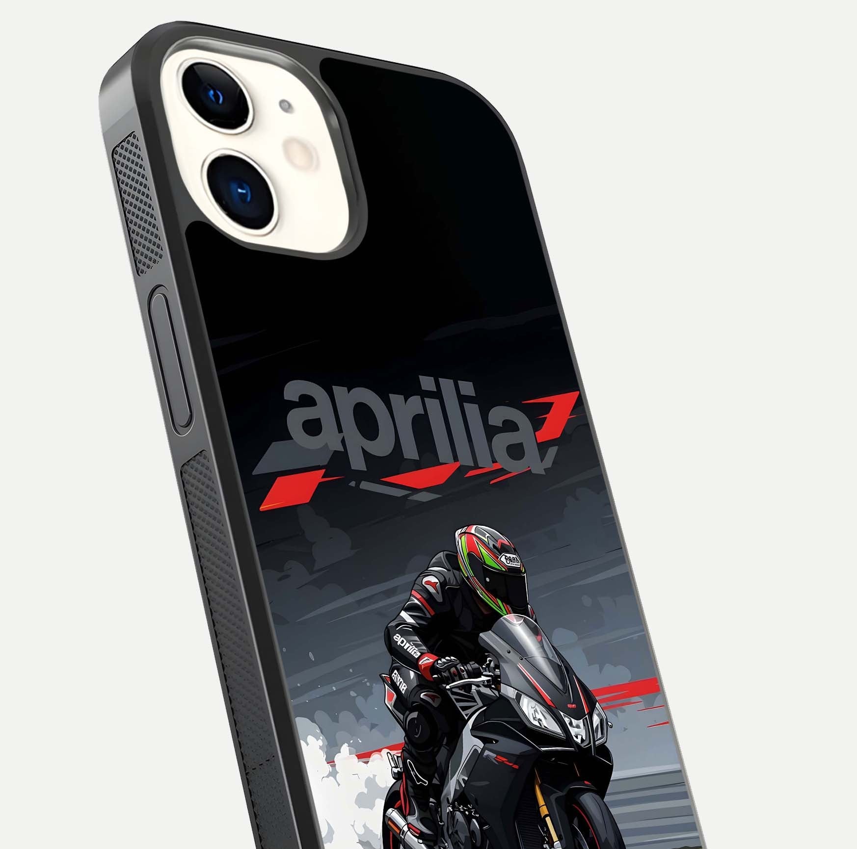 Dark Aprilla Glass Case for iphone-12 close-up highlighting detailing and reflection effect