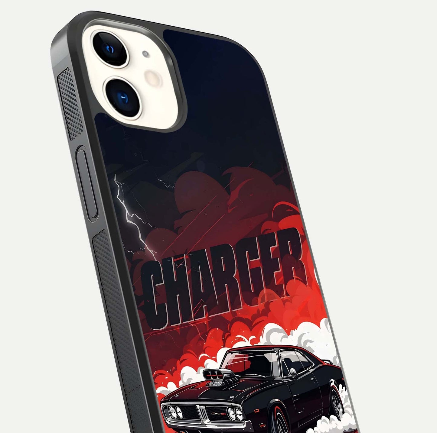 Dark Charger Fury Glass Case for iphone-12 close-up highlighting car reflection and light gloss
