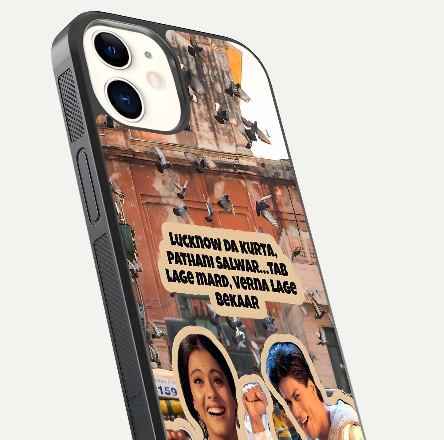 Desi Retro Vibes Glass Case for iphone-12 close-up highlighting retro color palette and reflection glow