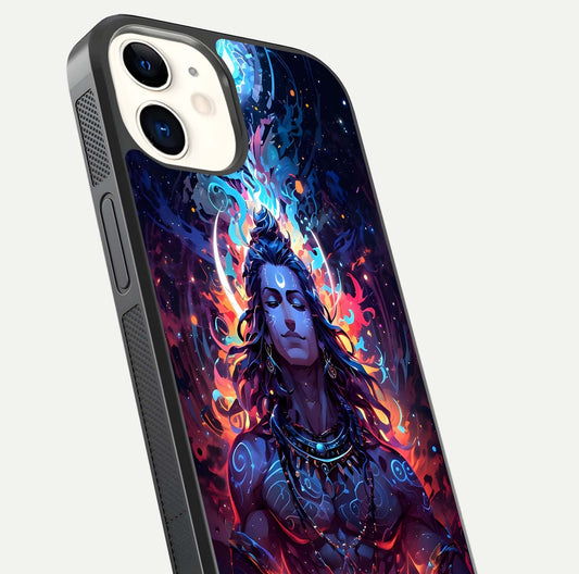 Divine Fire Shiv Glass Case for iphone-12 close-up highlighting divine detailing and reflection depth