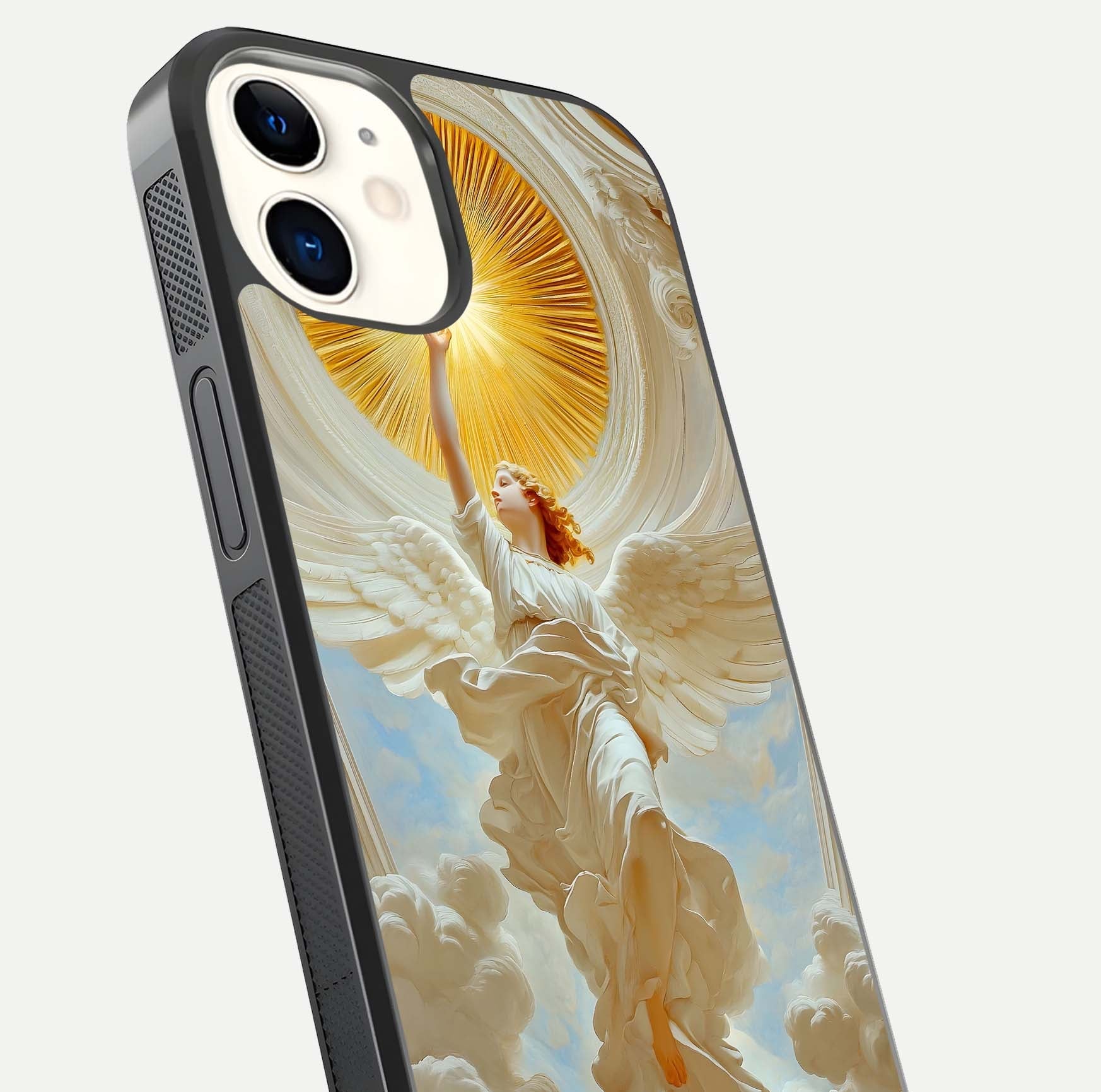 Divine Light Angel Glass Case for iphone-12 close-up highlighting light rays and glass reflection