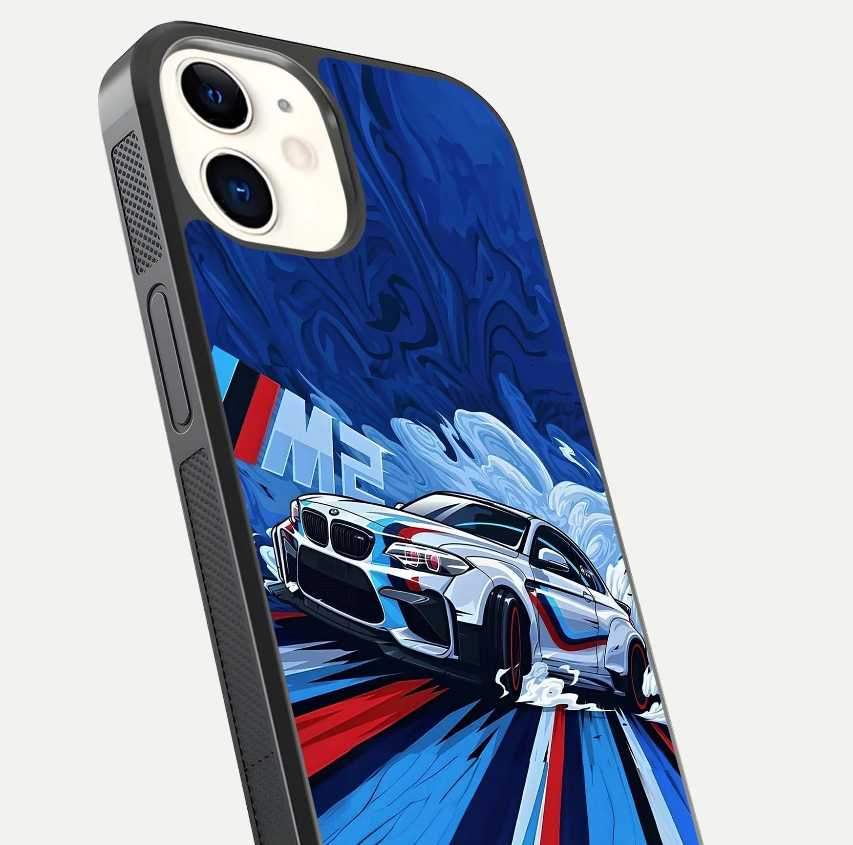 Drift Power Rush Glass Case for iphone-12 close-up highlighting car reflection and metallic tones