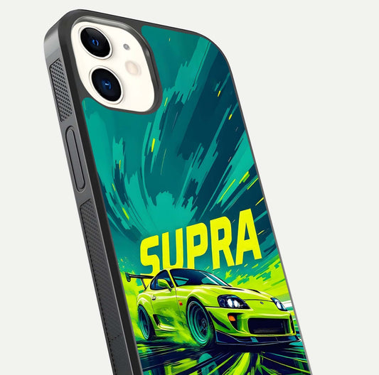 Electric Supra Thunder Glass Case for iphone-12 close-up highlighting car reflection, neon tones, and gloss polish