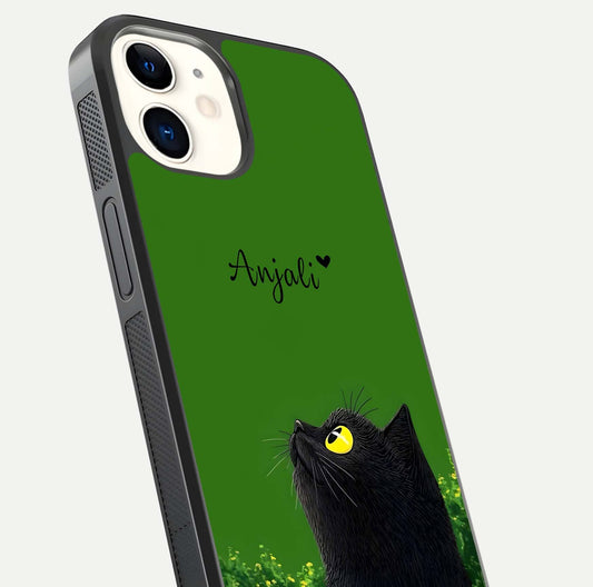 Emerald Cat Custom Name Glass Case for iphone-12 close-up highlighting feline detail, emerald hues, and reflection polish