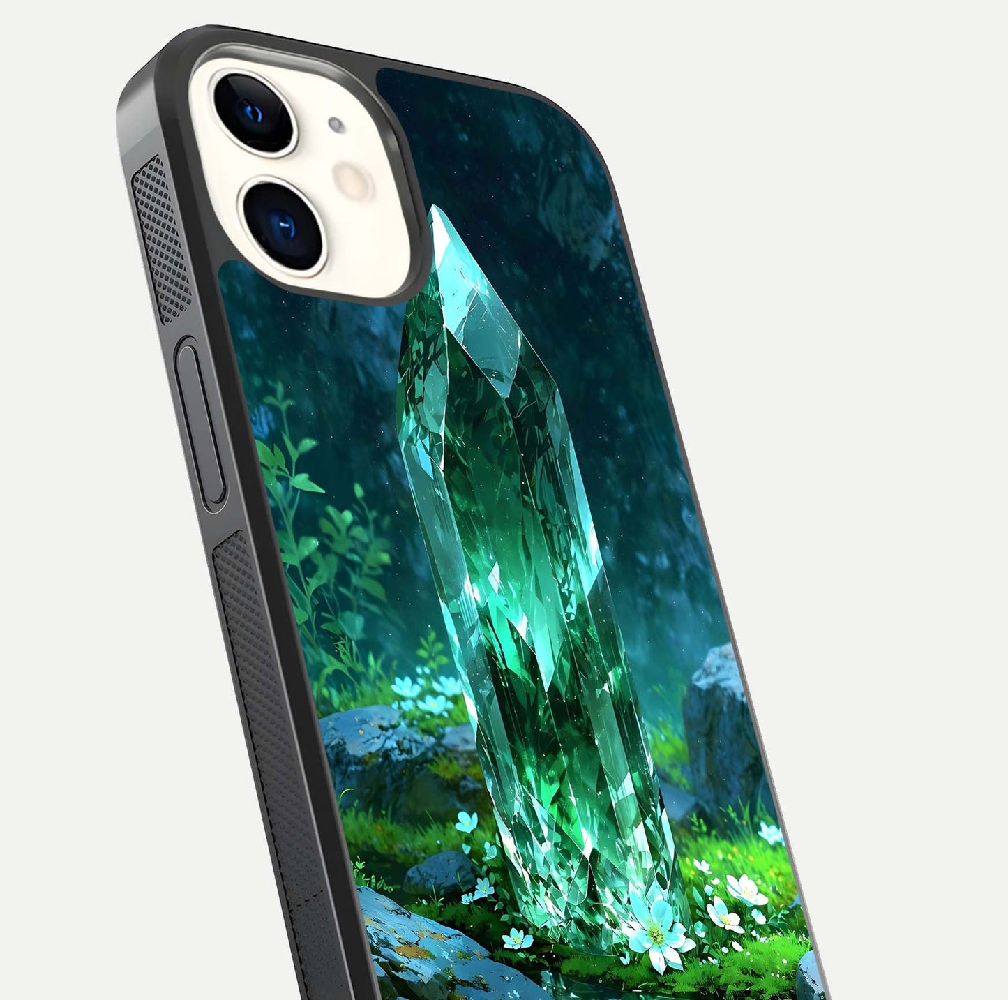 Emerald Light Crystal Glass Case for iphone-12 close-up highlighting crystal texture and reflection glow