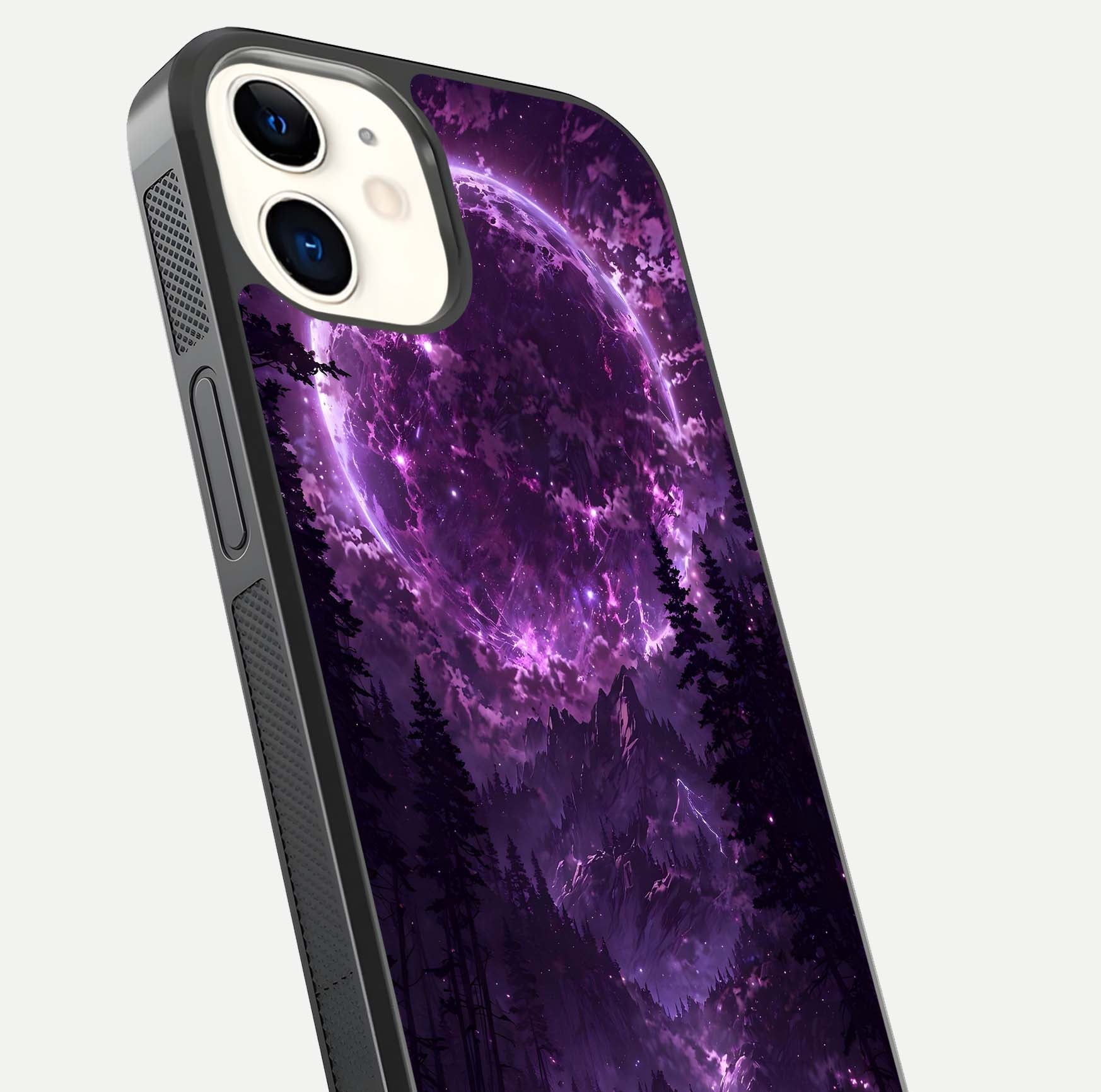 Eternal Cosmic Drive Glass Case for iphone-12 close-up highlighting cosmic lights and reflection depth