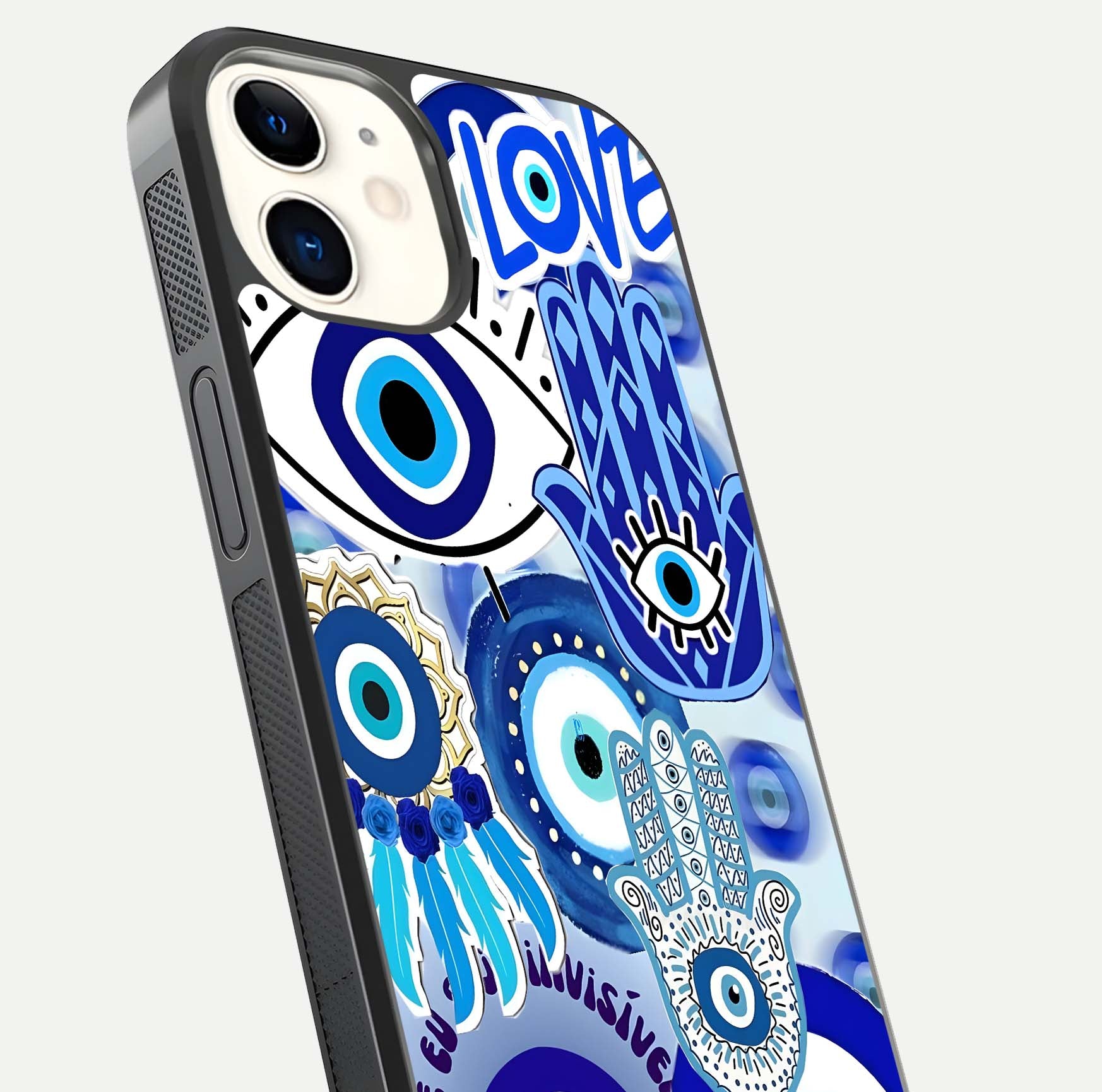 Evil Eyes Dream Glass Case for iphone-12 close-up highlighting evil-eye charm detail and light reflection on glass