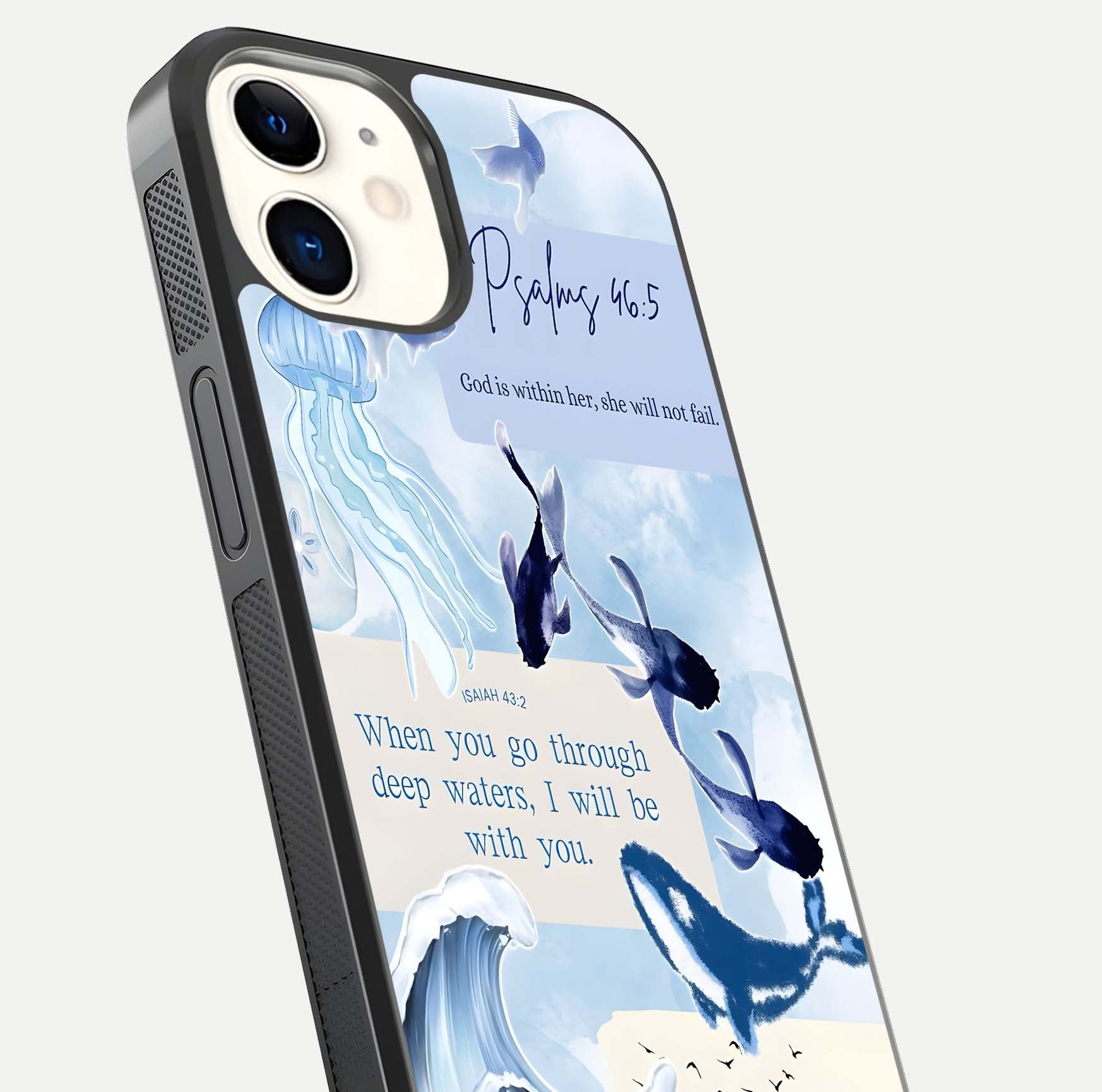 Faithful Ocean Promise Glass Case for iphone-12 close-up highlighting water reflection and serene blue tones