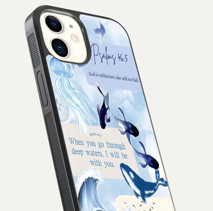Faithful Ocean Promise Glass Case for iphone-12 close-up highlighting water reflection and serene blue tones