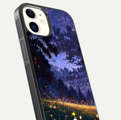Firefly Meadow Magic Glass Case for iphone-12 close-up highlighting luminous firefly light and reflection detail