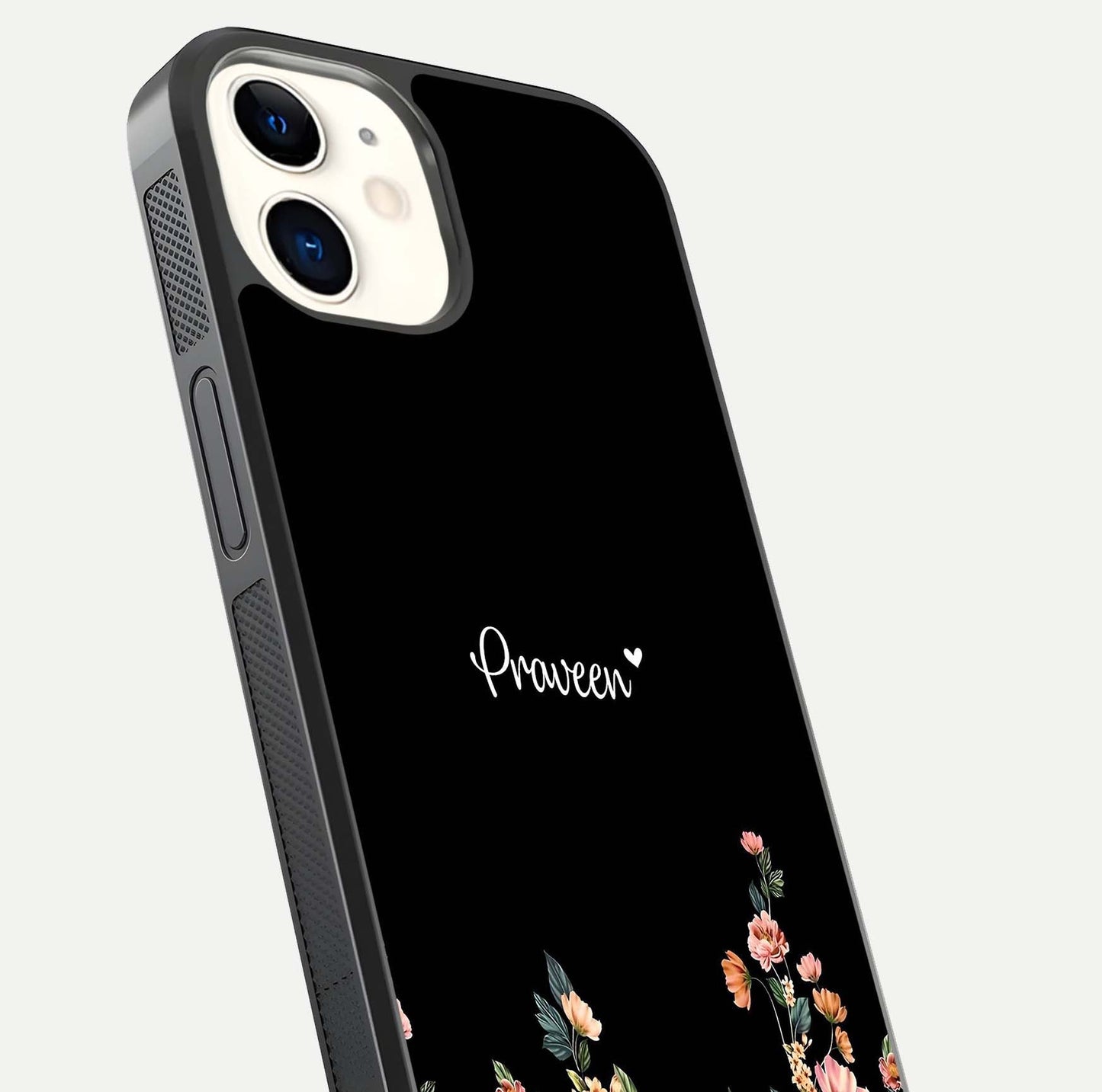 Floral Design Personalized Custom Name Glass Case for iphone-12 close-up highlighting name clarity, petals, and gloss
