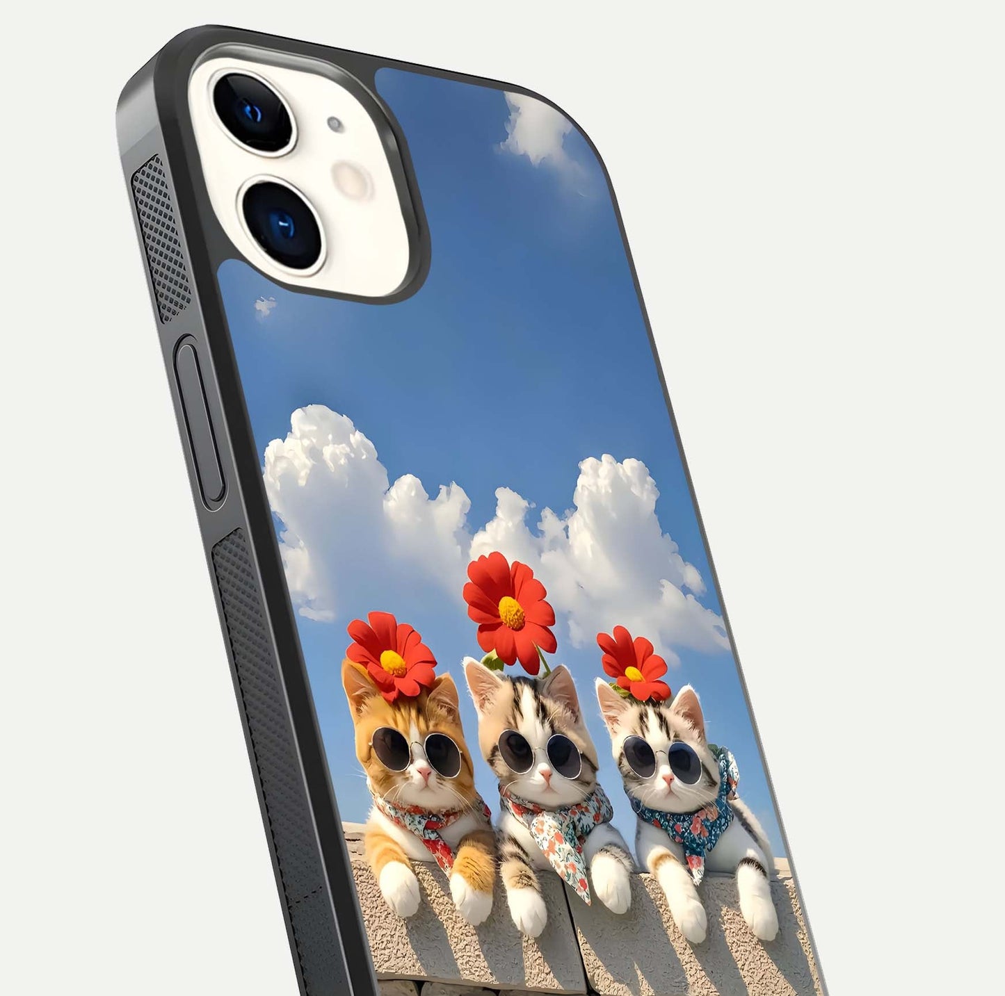 Floral Kitty Squad Glass Case for iphone-12 close-up highlighting cat detail and flower patterns with HD shine