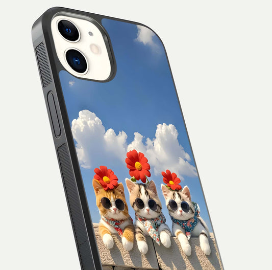 Floral Kitty Squad Glass Case for iphone-12 close-up highlighting cat detail and flower patterns with HD shine