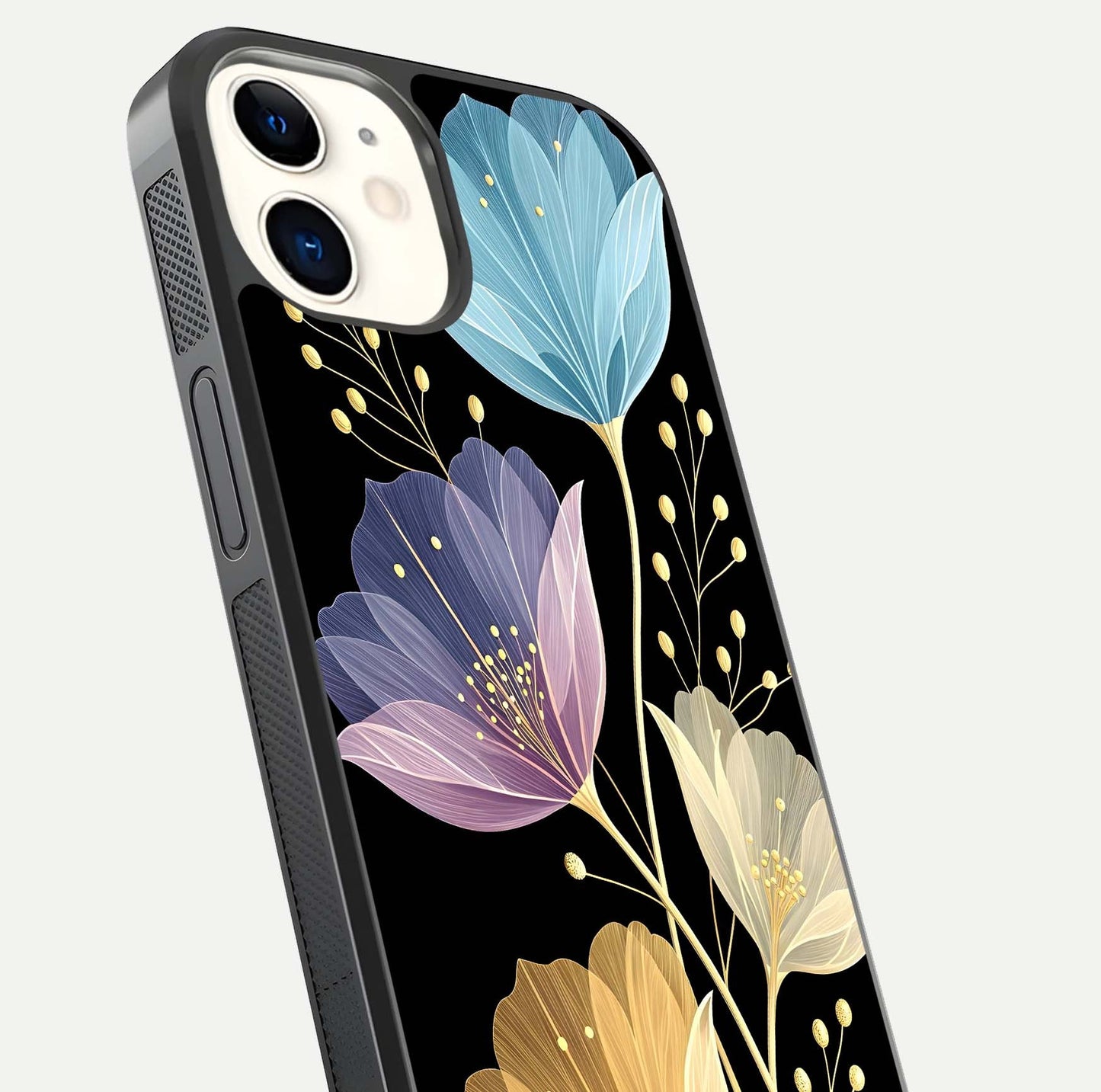 Flower Bloom Glow Glass Case for iphone-12 close-up highlighting bloom detail and reflection polish