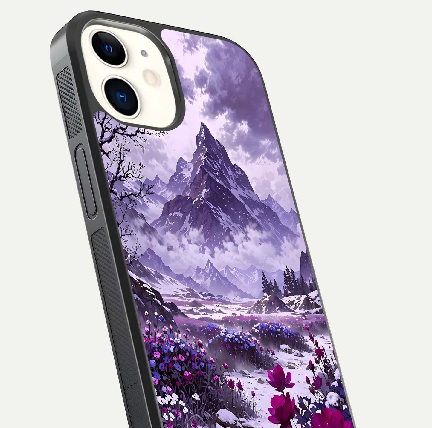 Flower Mountain View Glass Case for iphone-12 close-up highlighting petal details and sky reflection