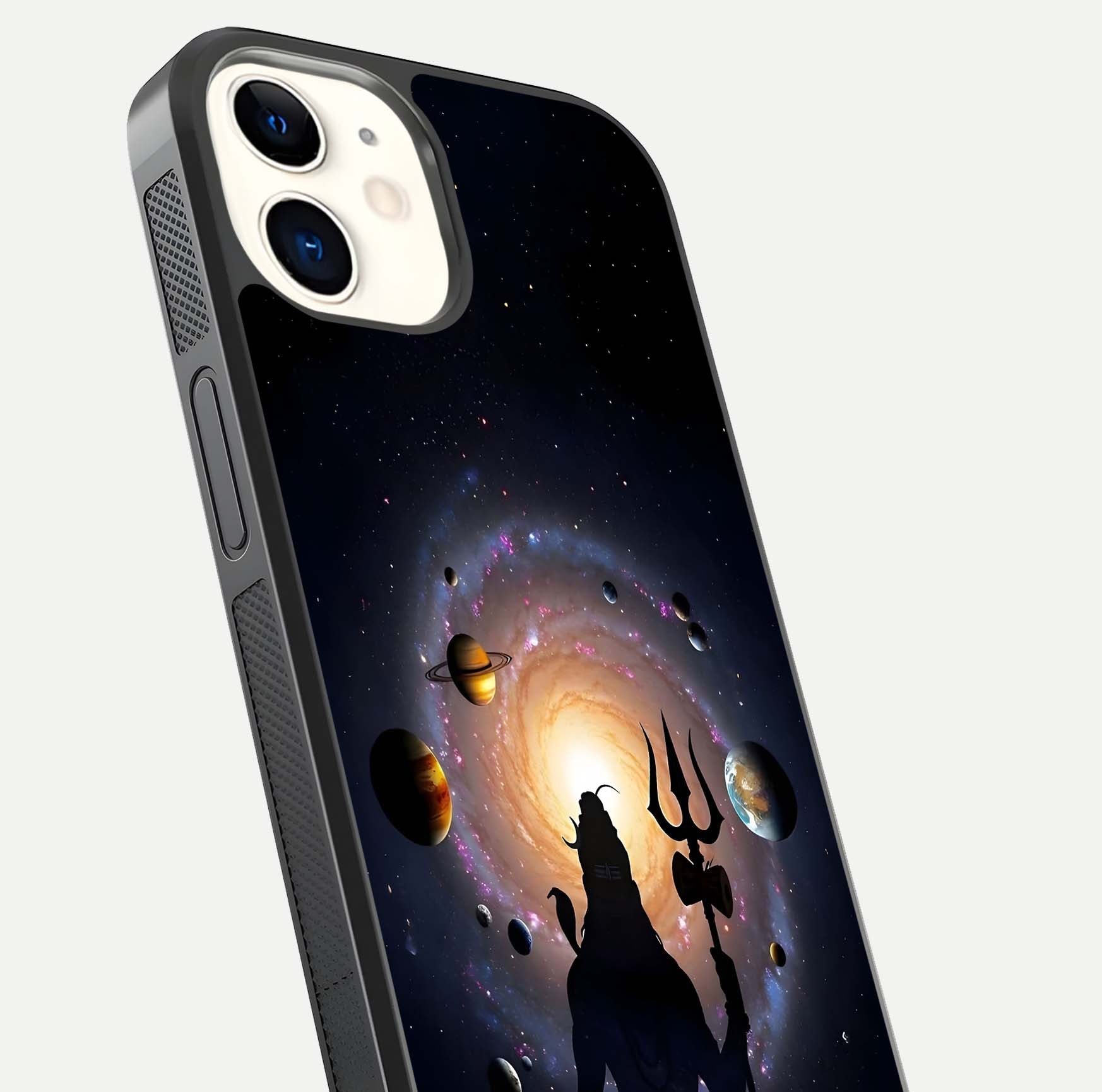 Galactic Shiva Vision Glass Case for iphone-12 close-up angled shot highlighting divine aura, trident details, and reflection shine