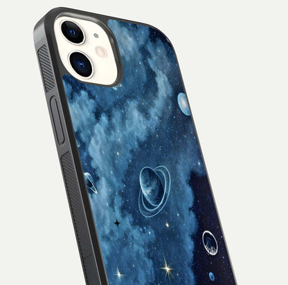 Galaxy Dream Space Glass Case for iphone-12 close-up angled shot highlighting nebula details and reflection shine