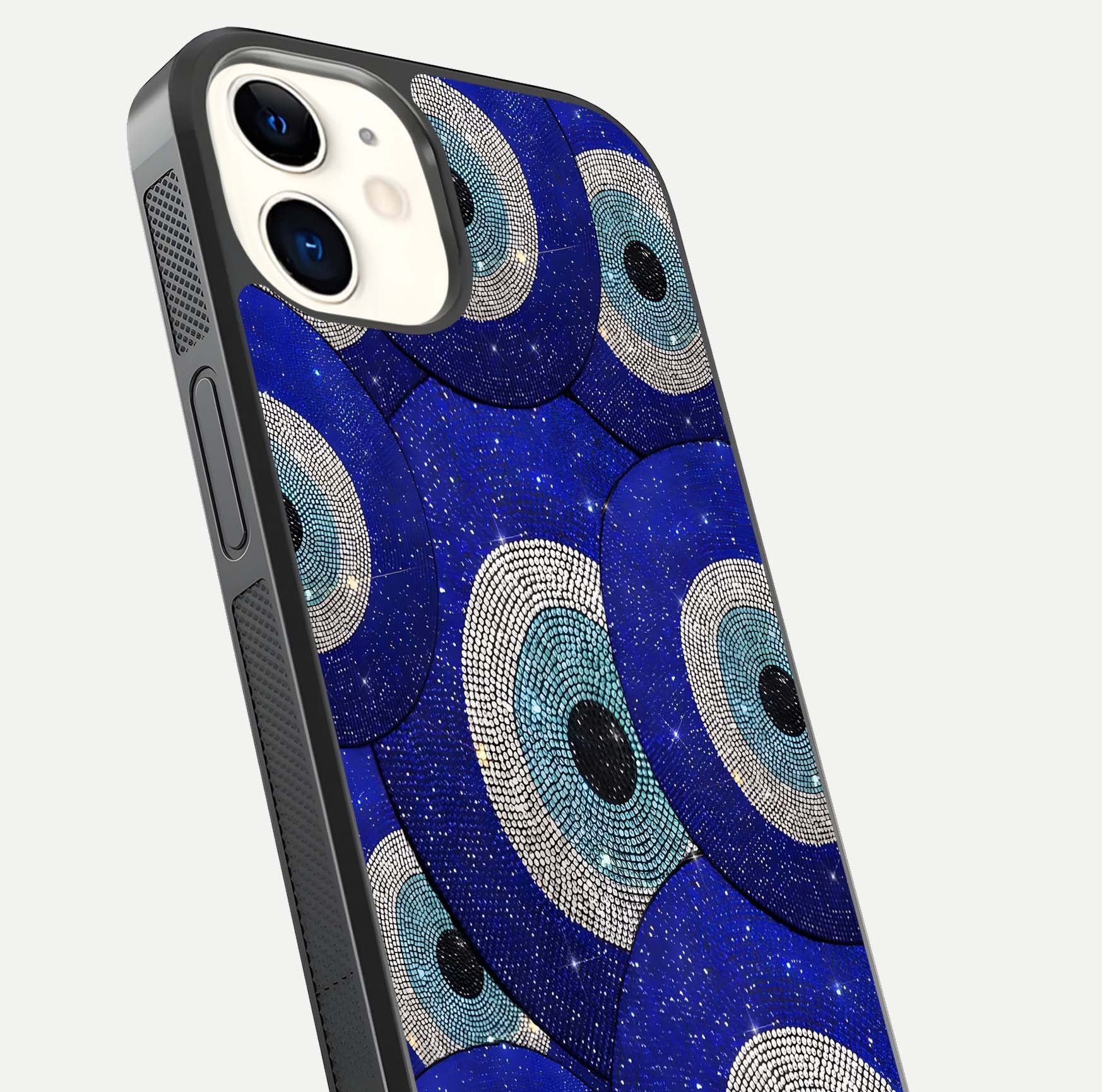 Galaxy Eye Flow Glass Case for iphone-12 close-up angled shot showing vivid swirl detail and reflection brightness