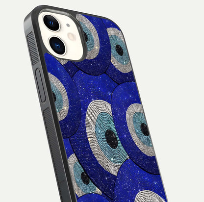Galaxy Eye Flow Glass Case for iphone-12 close-up angled shot showing vivid swirl detail and reflection brightness