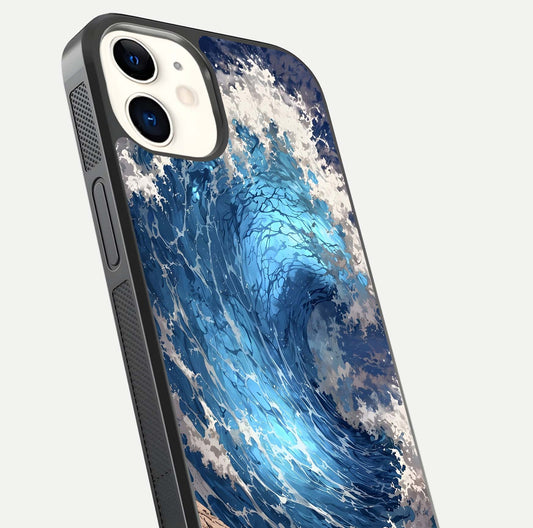 Giant Ocean Wave Glass Case for iphone-12 close-up angled shot showing wave texture and water reflection shine