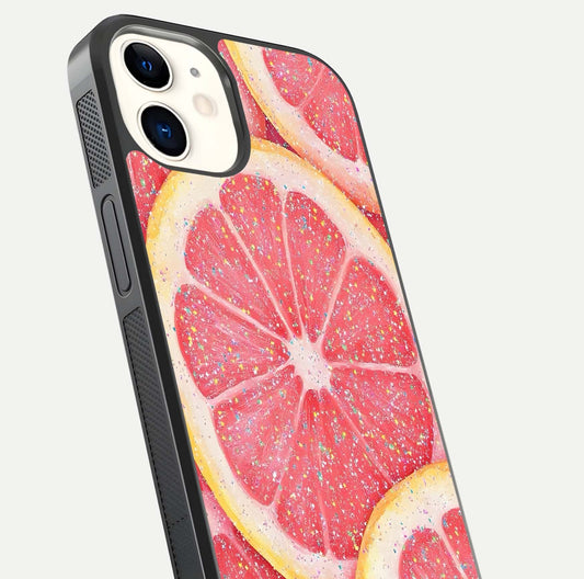 Glitter Grapefruit Glass Case for iphone-12 close-up angled shot showing fruit texture and glitter reflection