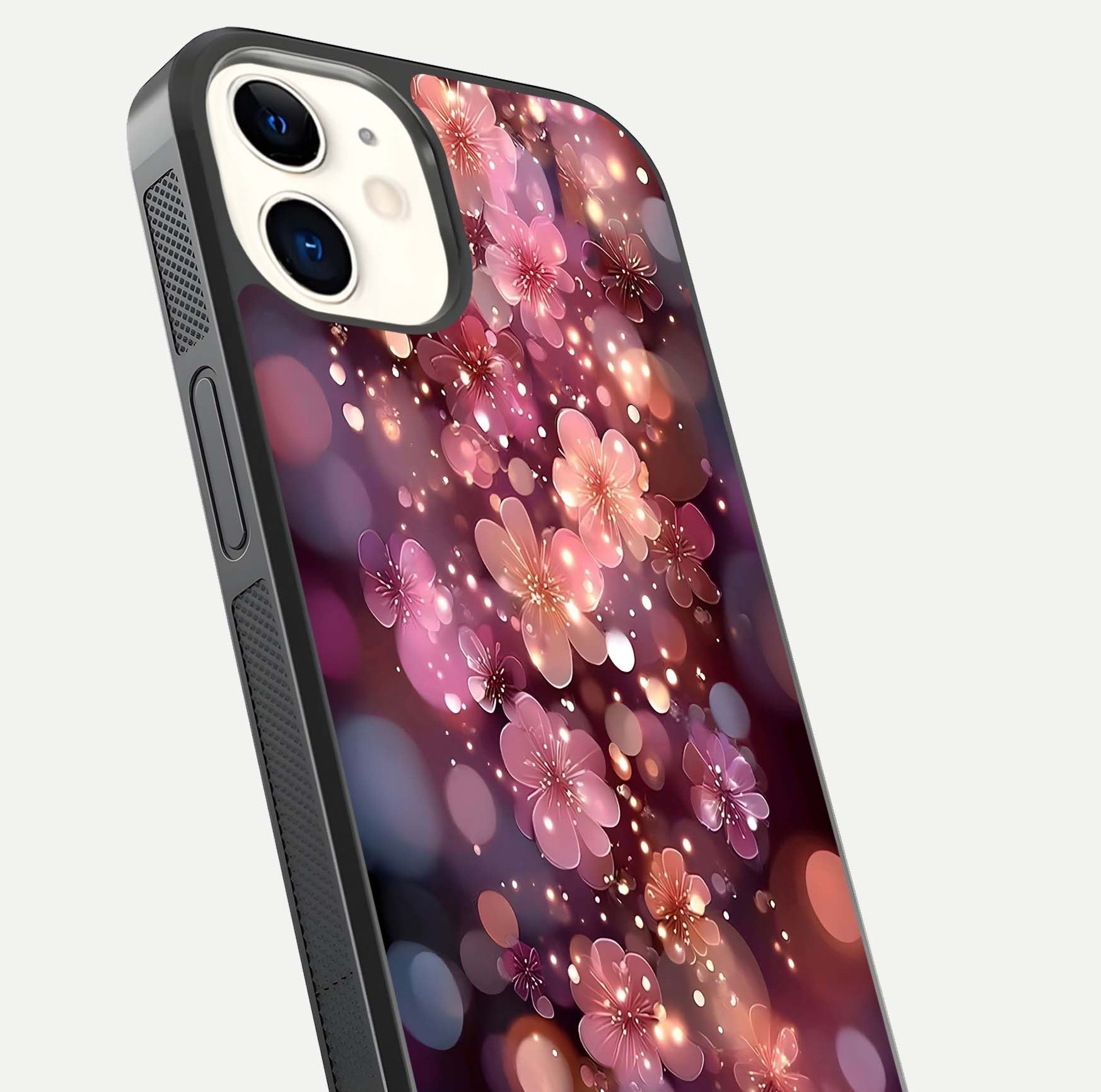 Glowing Petal Bliss Glass Case for iphone-12 close-up angled shot showing petal glow, color depth, and reflection shine