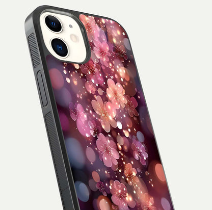 Glowing Petal Bliss Glass Case for iphone-12 close-up angled shot showing petal glow, color depth, and reflection shine