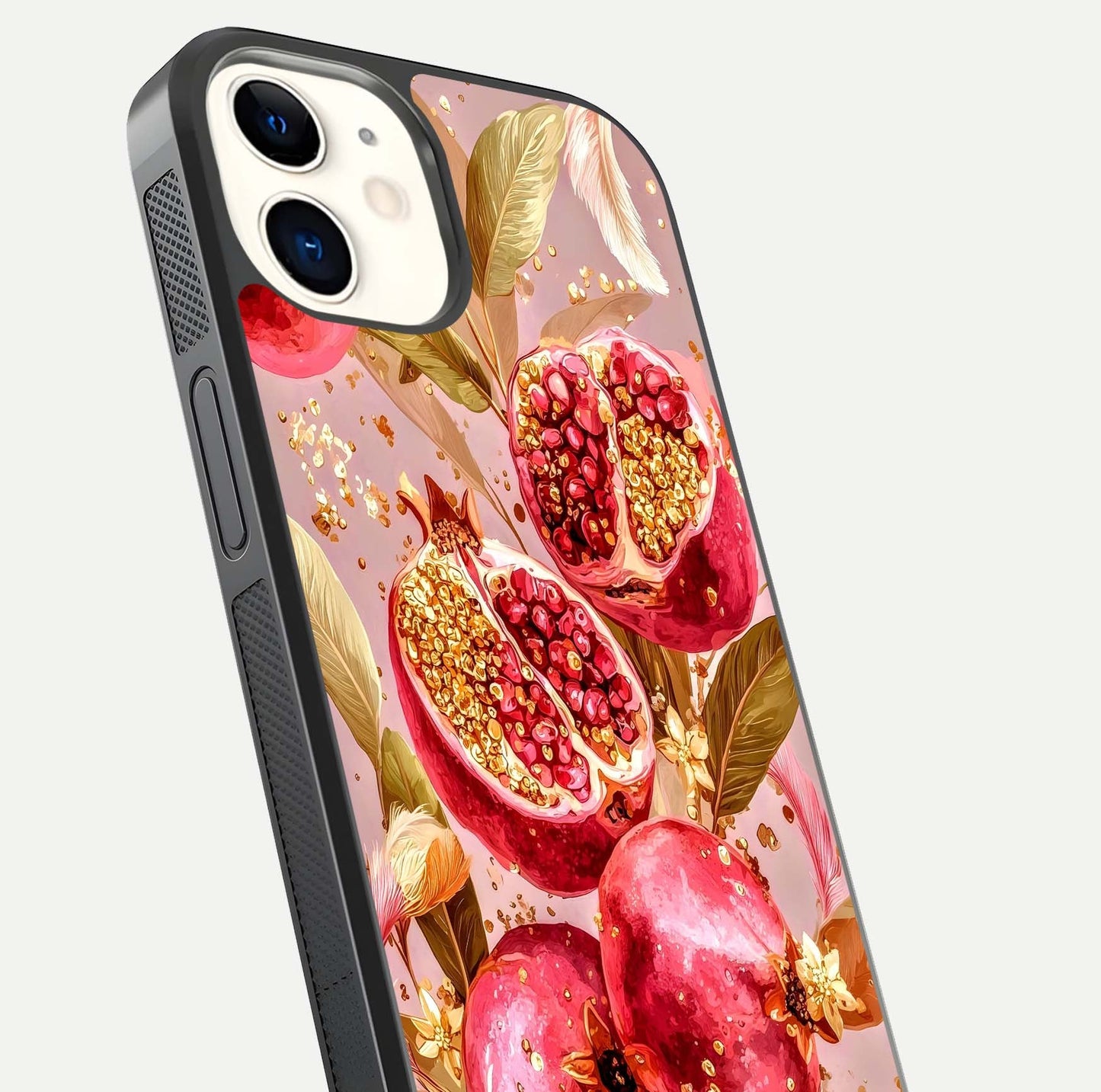 Golden Bloom Glow Glass Case for iphone-12 close-up angled shot showing metallic tones and reflection brilliance