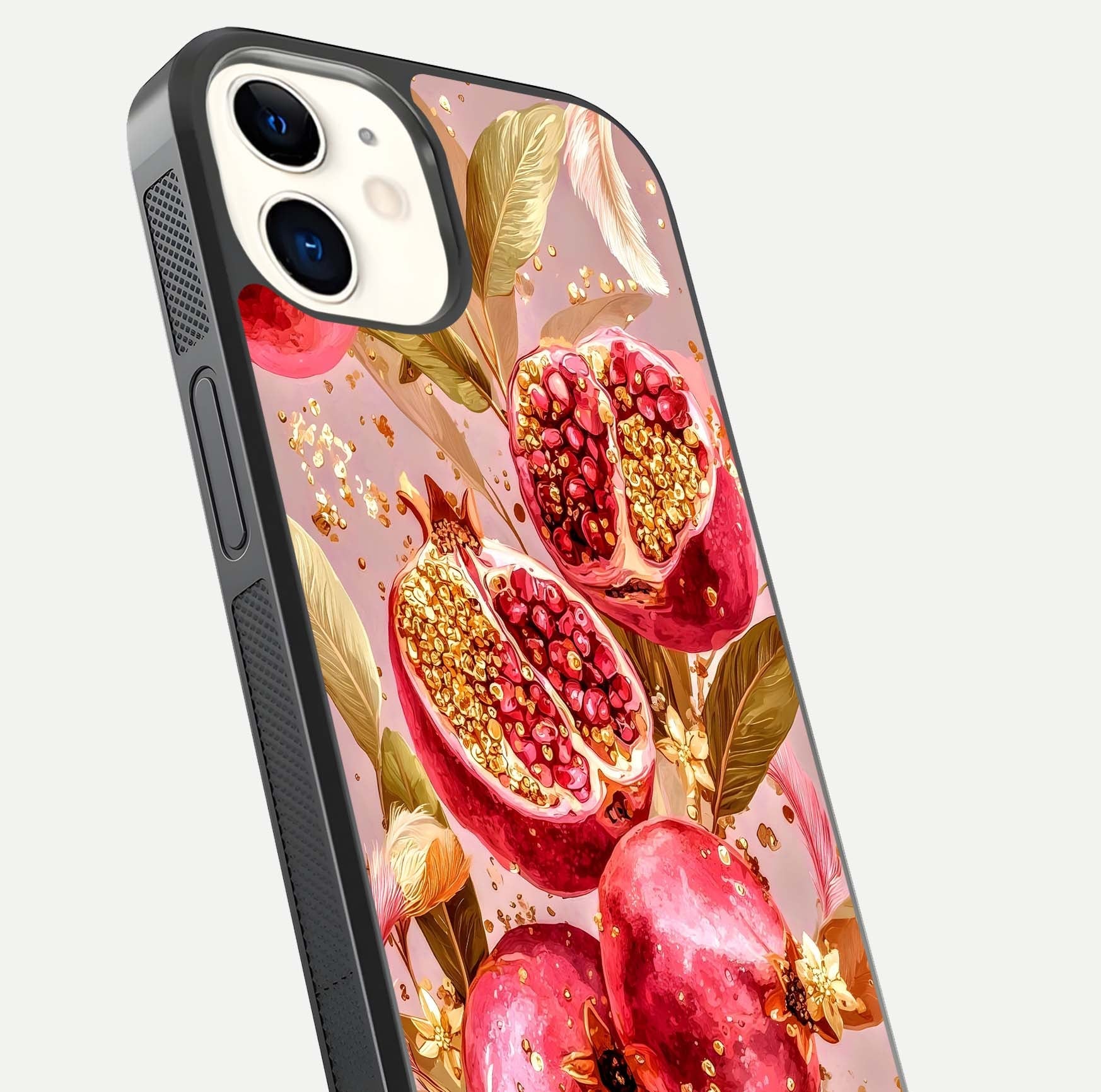 Golden Bloom Glow Glass Case for iphone-12 close-up angled shot showing metallic tones and reflection brilliance